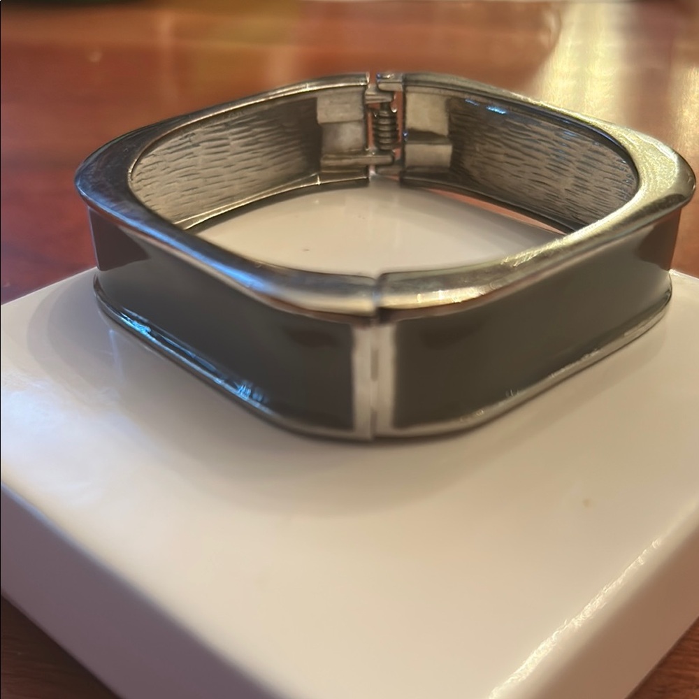 Grey hinged clamper square bracelet silver tone modern industrial tech inspired
